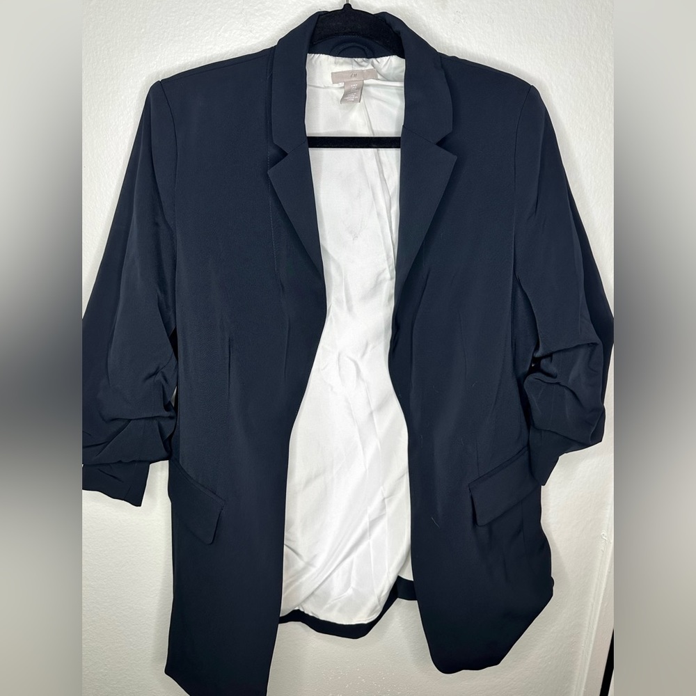H&M Navy Blazer with Gathered Sleeves